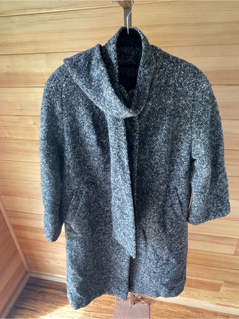 Vintage Gray Wool Tweed Scarf-Collar Trench Coat